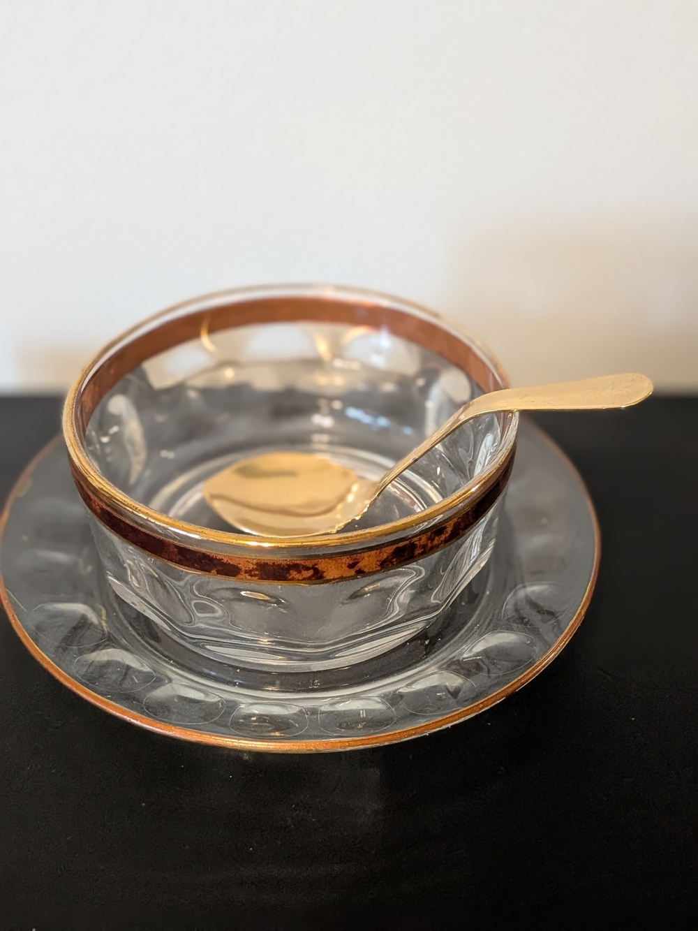Vintage Glass Bowl Saucer and Spoon. Acoroc France